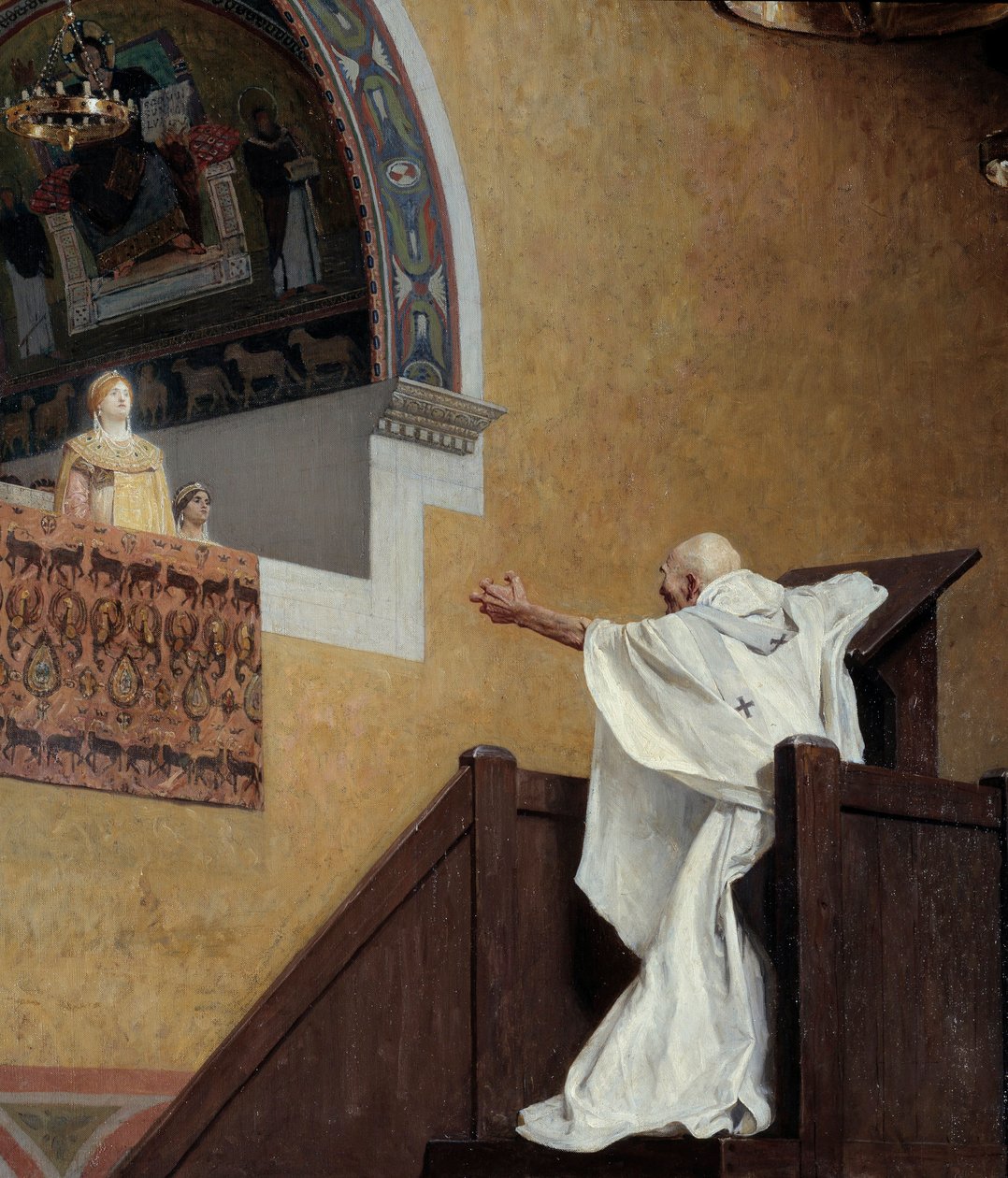 Pyhä Johannes Chrysostom (349-407) ja Imperatrix Eudoxia (? 404). Patriarkka syyttää läntistä vaikutelmaa Eudoxiaa (Eudoxia Aelia) ja syyttää häntä ylellisyydestä ja loiston rakkaudesta. Yksityiskohta. Jean Paul Laurensin (1838-1921) maalaus tekijältä Jean Paul Laurens
