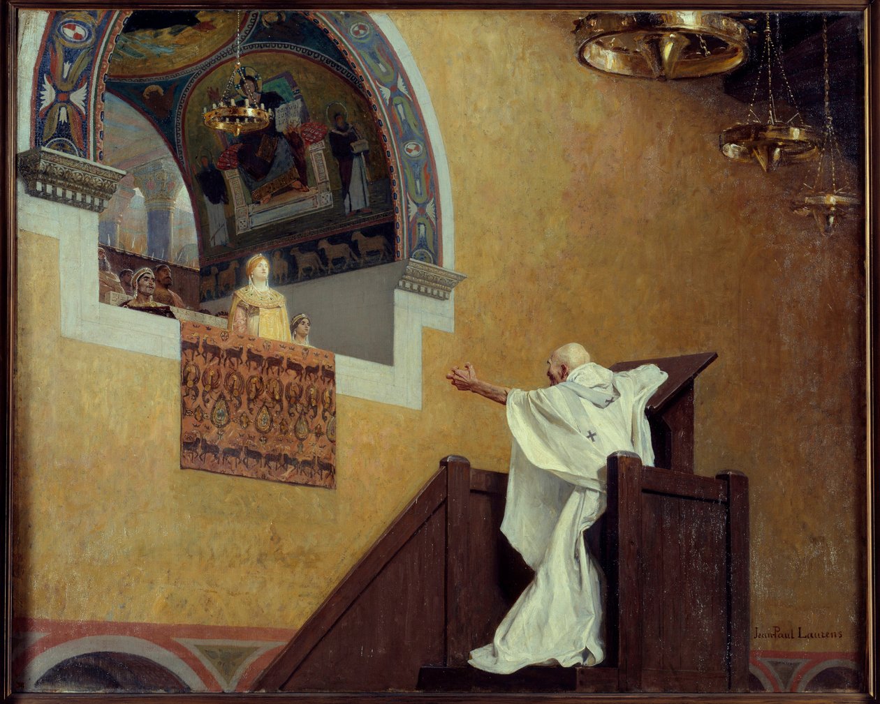 Pyhä Johannes Chrysostom (349-407) ja Imperatrix Eudoxia (? 404). Patriarkka syyttää länsimaisen vaikutuksen Eudoxiaa (Eudoxia Aelia) ja syyttää häntä hänen ylellisyydestään ja rakkaudestaan loistoon. Jean Paul Laurensin (1838-1921) maalaus tekijältä Jean Paul Laurens