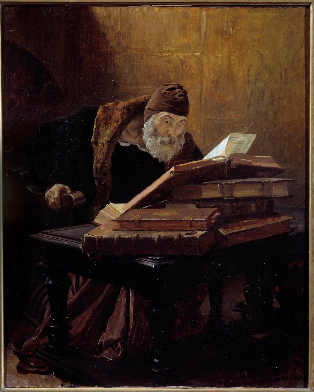Vanha tiedemies. Jean Paul Laurensin (1838-1921) maalaus 1889. Öljy kankaalle. Koko: 0,60 x 0,48 m. Toulouse, Musee Des Augustins - Vanha tiedemies tai alkemisti. Jean Paul Laurensin (1838-1921) maalaus tekijältä Jean Paul Laurens