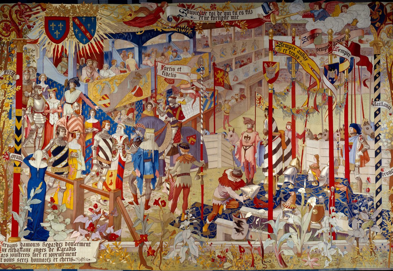 Turnauskohtaus 1300-luvun lopulla. Tapestry des Gobelins koristelemaan Pariisin Archives Nationalesin julkisen salin taiteilija Jean-Paul Laurensin (1838-1921) maalaamalla kartongilla. tekijältä Jean Paul Laurens