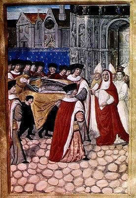 F.28r Herttuattaren kuningattaren ruumiin saapuminen ja Luxemburgin kardinaali Philipin vastaanotto Bretagnen Annen hautajaisista (1477-1514) 1515 tekijältä Jean Perreal