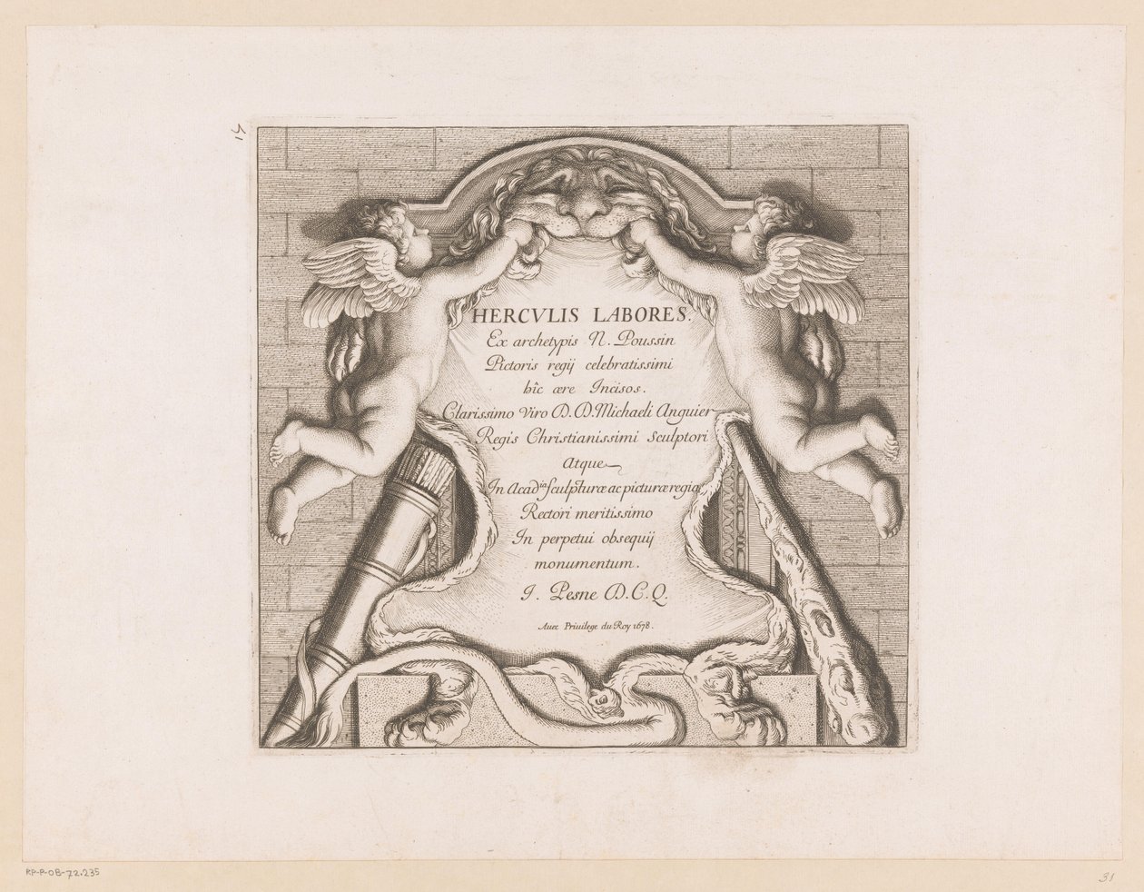 Otsikkopainatus kahdella putilla ja Herculesin ominaisuuksilla Labors of Hercules (sarjan nimi) Herculis Labores (sarjan nimi esineessä) tekijältä Jean Pesne