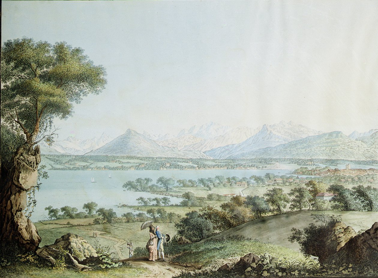 Näkymä Mont Blancille, Geneve etualalla, kaiverrettu Jean Philippe Linck II (1770-1812) ja Jacob Philippe Hackert (1737-1807) tekijältä Jean Philippe II Linck