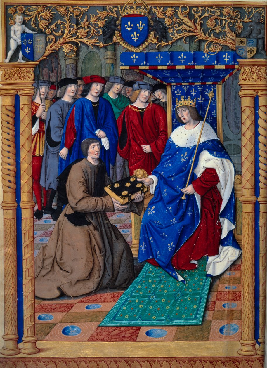 Francesco Petrarca eli Petrarka esittelee kirjansa Ranskan kuninkaalle Ludvig XII:lle. Pienoisversiossa ""Lääkehoitoja molempia omaisuuksia vastaan. Petrarchin (1304-1374) De remediis utriusque fortunae" ja Jean Pichoren valaisi noin 1503. Paris, NL tekijältä Jean Pichore