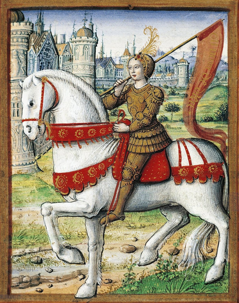 Antoine Dufourin Les vies des femmes célèbres -teosta koristava miniatyyri, ms. 17, folio 76, Nantes, Musée Dobrée, 1504-1506. tekijältä Jean Pichore