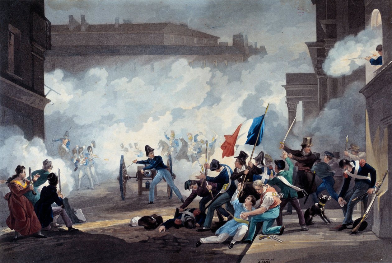 Vuoden 1830 vallankumous: Ecole Polytechniquen opiskelija takavarikoi tykin palas-Royalin valloituksen yhteydessä 28. heinäkuuta tekijältä Jean Pierre Marie Jazet
