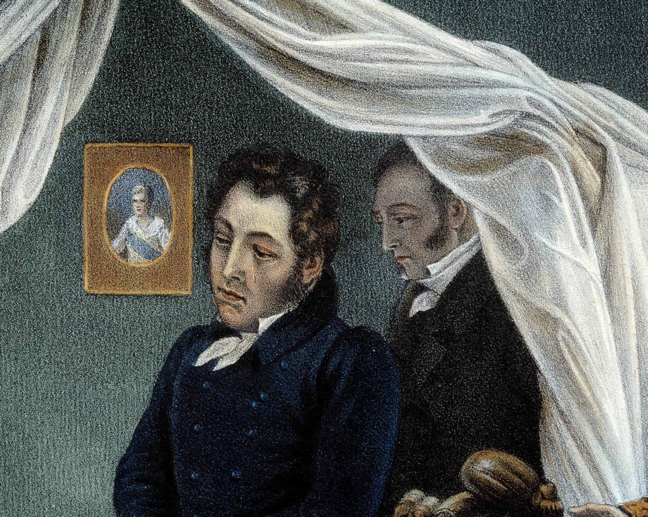 Napoleonin kuolema, 5.5.1821 Sainte Helenessa Yksityiskohta, joka edustaa Louis Etienne Saint Denistä, joka tunnetaan nimellä "Mameluck Ali" (1788-1856). Jean Pierre Marie Jazetin (1788-1871) litografia Charles Auguste Steubenin (1788-1856) Malmaison maala tekijältä Jean Pierre Marie Jazet