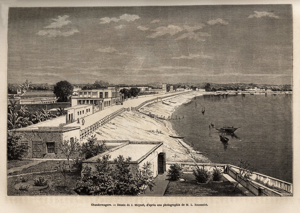Chandernagor (nykyinen Chandannagar, Länsi-Bengalissa), Gangesin rannalla, kaiverrus J. Moynetin piirustuksen mukaan, havainnollistaa rajahien matkaa Intiassa vuosina 1864-1868, Louis Rousselet, julkaistu "" Le tour du monde”” 1874, toimitettu tekijältä Jean Pierre Moynet