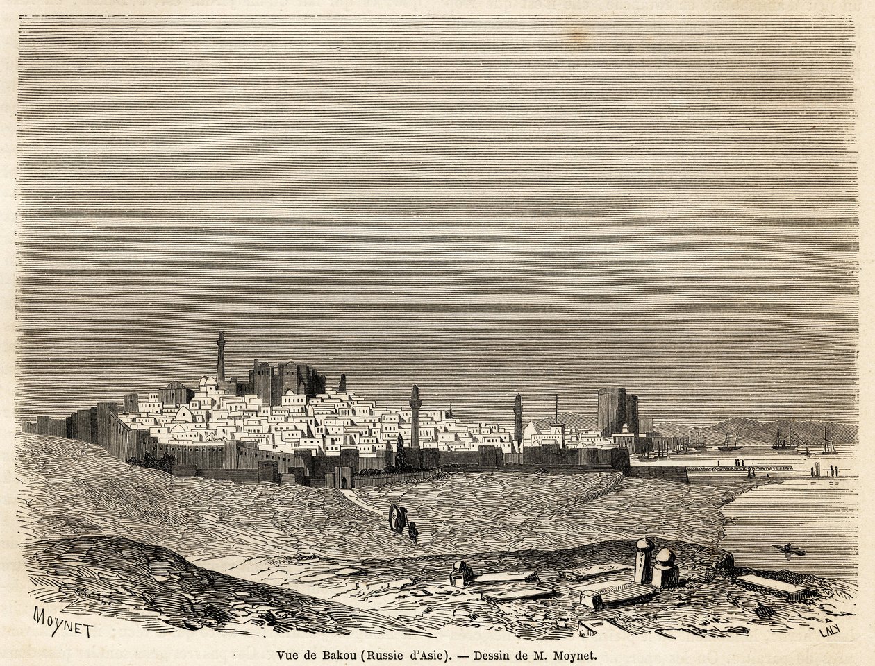 Näkymä Bakusta (Venäjä, Azerbaidžan), Mr. Moynetin piirustus havainnollistamaan matkaa Kaspianmeren rannikolle lokakuussa 1858, Mr. Moynet. Kaiverrus "" Le tour du monde, nouveau journal des voyages"" Paris tekijältä Jean Pierre Moynet