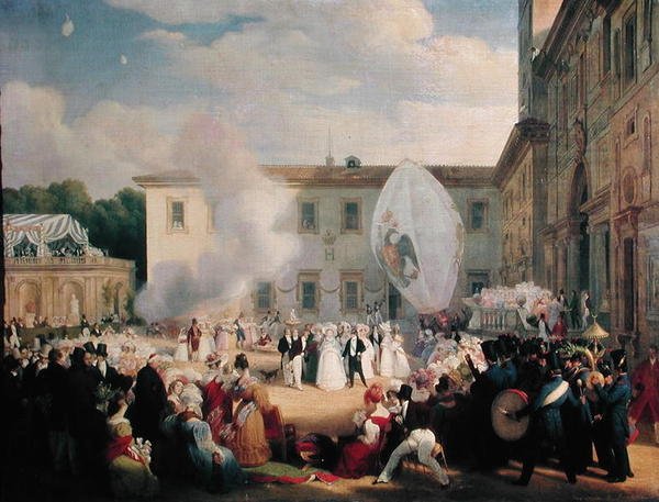 Francois Rene (1768-1848) vicomte de Chateaubriand, vastaanottamassa Venäjän suurherttuatar Elenan (1807-73) Villa Medicin puutarhassa, 29. huhtikuuta 1829, 1830 tekijältä Jean Pierre Norblin de La Gourdaine