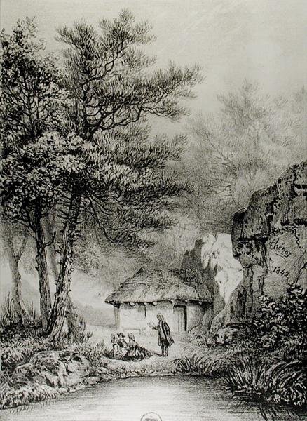 Jean-Jacques Rousseaus (1712-78) -mökki Ermenonvillessä, 1842 tekijältä Jean Pierre after Thenot