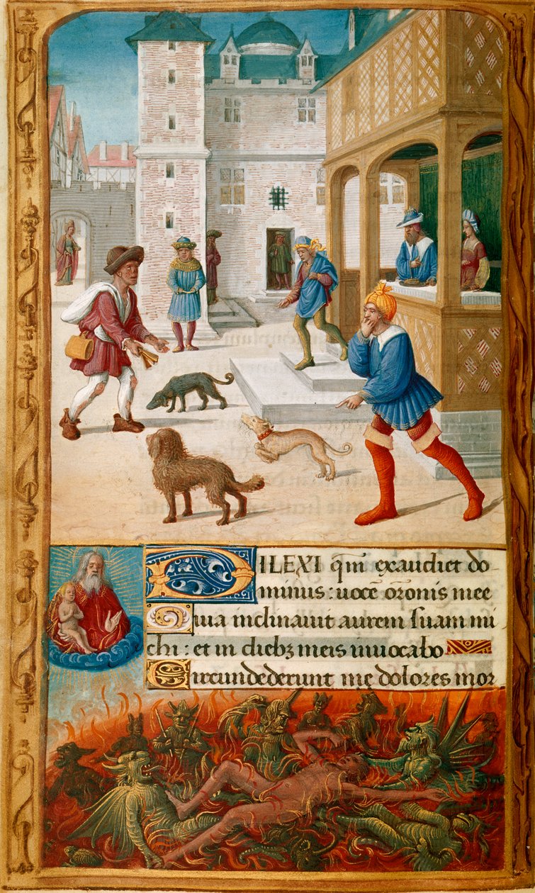 Yates Thompson 5, f.70v, Miniatyyri sukelluksilla, juhlimassa vaimonsa kanssa ja Lazaruksen lähestyessä kaupunkikuvassa, jota seuraa alarajalla demonien piinaamat sukellukset ja Lasaruksen sielun katseleminen, jota Jumala pitää taivaassa , ja koristeltu in tekijältä Jean Poyer