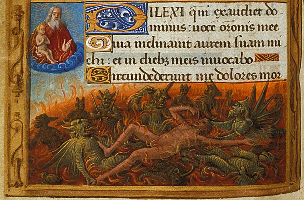Book of Hours, Yksityiskohta: Sukellukset, joita demonit piinaavat ja joita Lasaruksen sielu katseli, n. 1500 tekijältä Jean Poyet