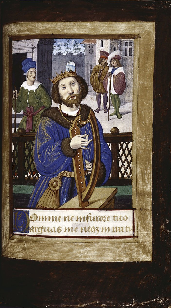 Kuningas Daavid soittaa harppuaan Lettres bâtardesista, noin 1490-1510 tekijältä Jean Poyet
