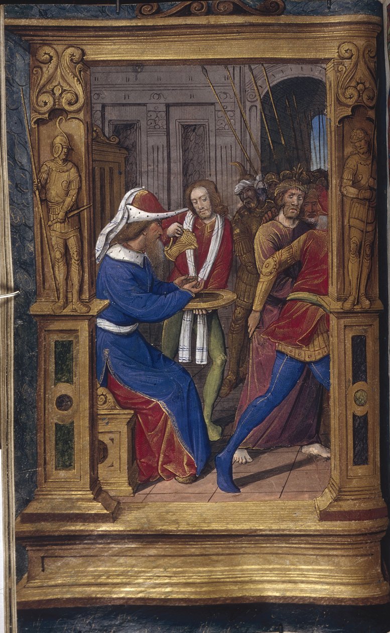 Pilatus pesee kätensä Bastard Lettersistä, n. 1490-1510 tekijältä Jean Poyet