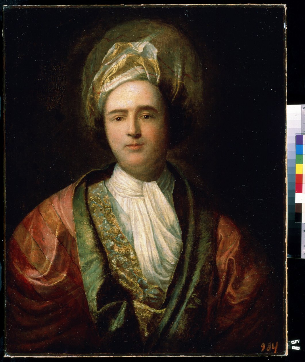 ""Koomikon muotokuva itämaisessa näyttämöasussa"" (Näyttelijän muotokuva) Hänellä on turbaani. Jean Rancin (1674-1735) maalaus 1700-luvun Mihail Kroshitskyn taidemuseo, Sevastopol (Sevastopol) Ukraina tekijältä Jean Ranc