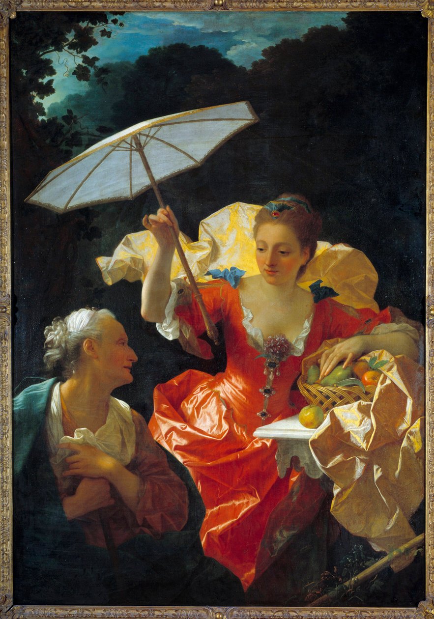 Vertumne ja Pomone: Vertumne, rakastunut nymfi Pomoneen, naamioituu vanhaksi naiseksi lähestyäkseen häntä. Jean Rancin (1674-1735) maalaus öljy kankaalle Dim. 170x120 cm. Montpellier, Fabre-museo tekijältä Jean Ranc