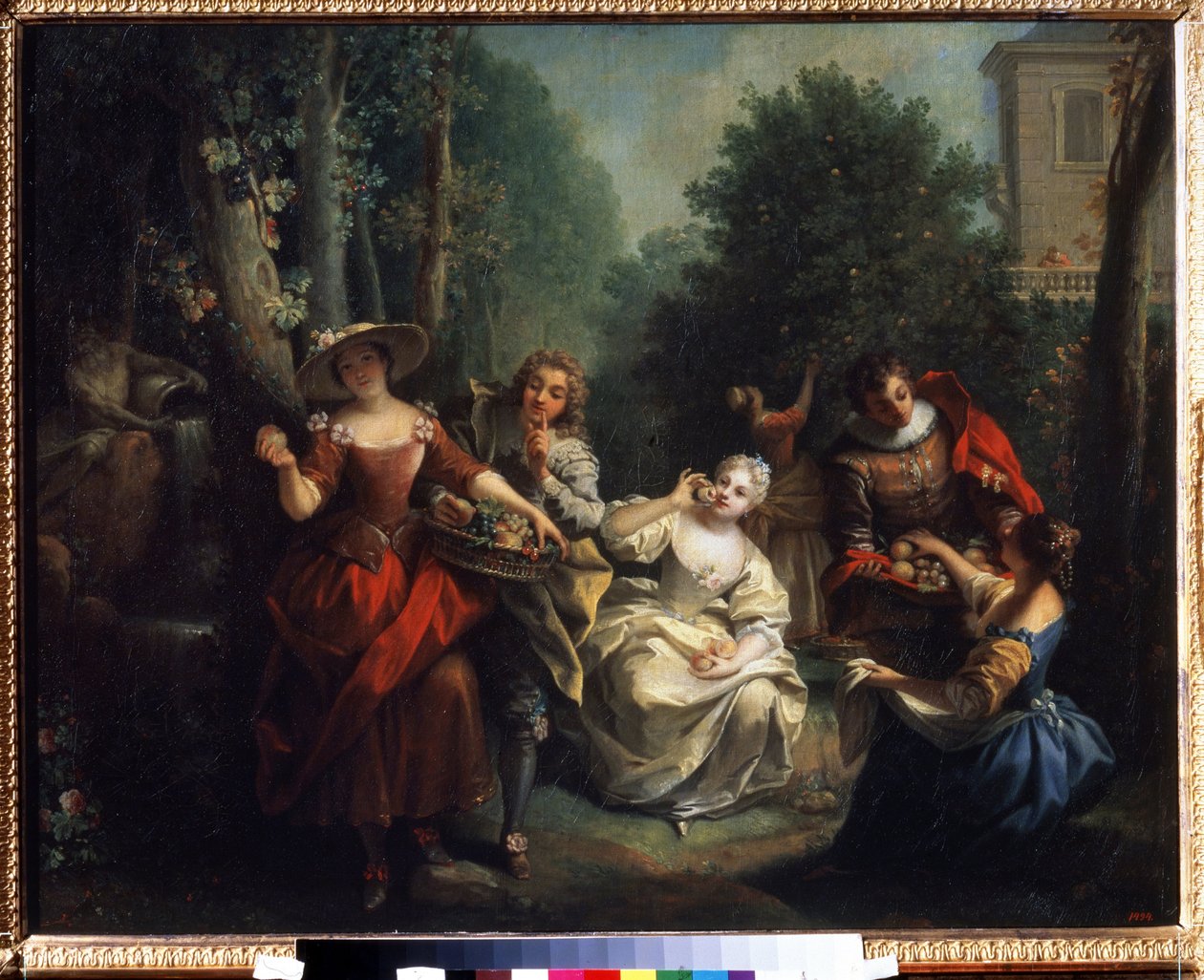 Viisi aistia: ""Le gout"" (Maku) nuoret aristokratian makuista hedelmää. Jean Raoux