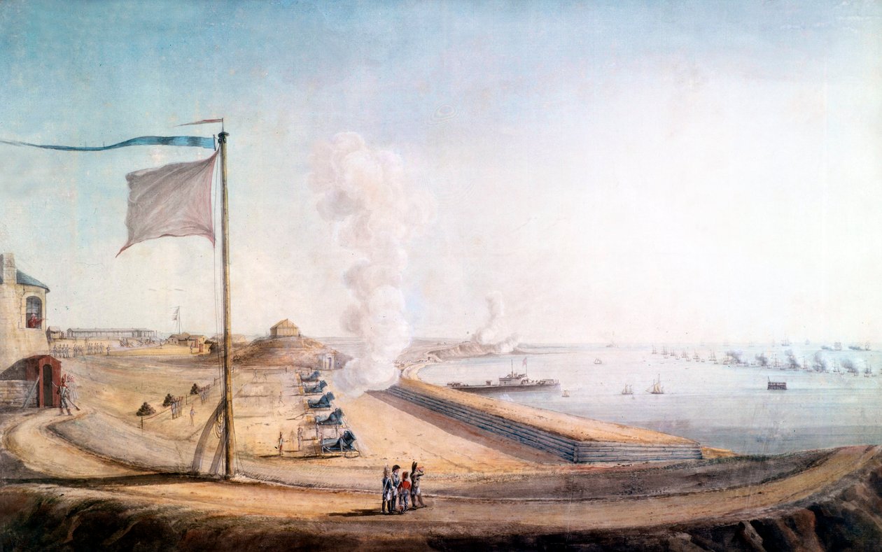 Näkymä Boulogne-sur-Merin leirille: Napoleon tarkkailee englantilaista laivastoa tekijältä Jean Rodolphe Gautier