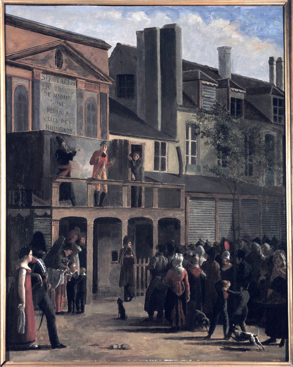 La Parade de Bobèche et Galimafre, Jean Rollerin maalaus, joka edustaa yleisöä katsomassa katuesitystä. 1800-luvun öljymaalaus. tekijältä Jean Roller