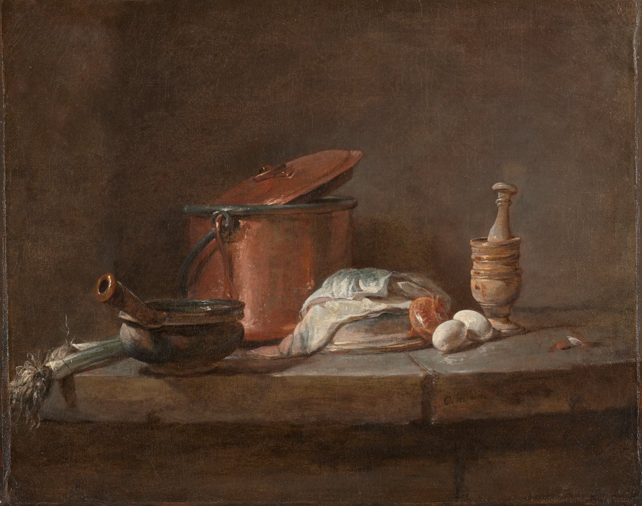 Purjoa, kalaa ja munia sisältävät keittiövälineet tekijältä Jean Baptiste Simeon Chardin