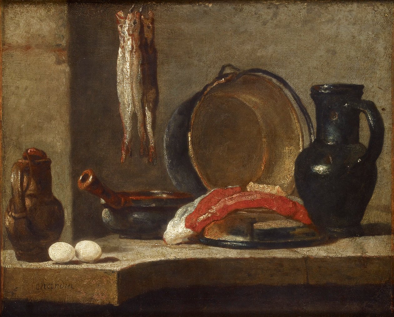 Keittiövälineiden asetelma, c1733-1734 tekijältä Jean Baptiste Simeon Chardin