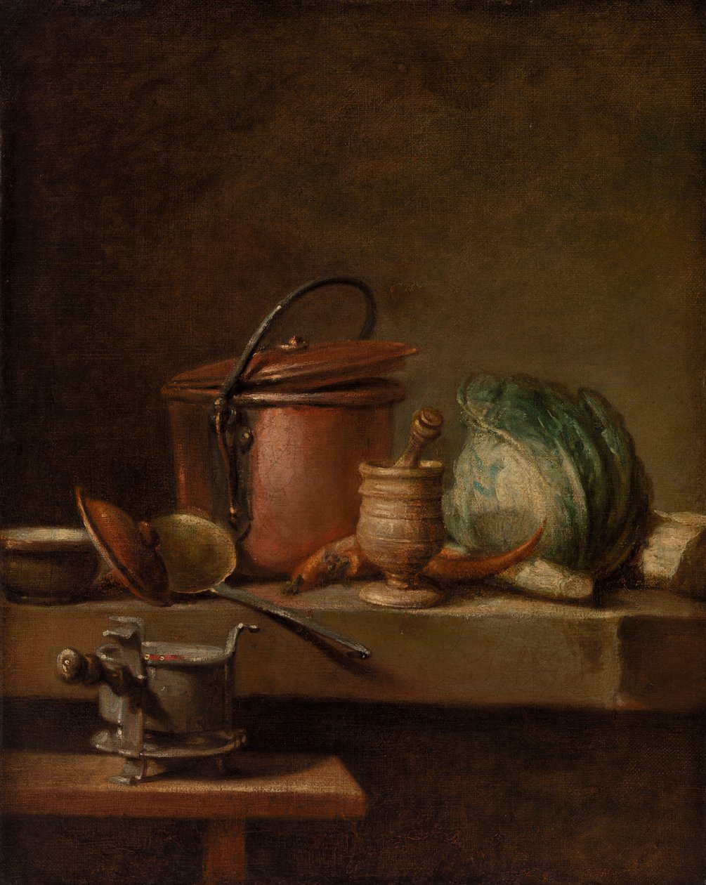 Asetelma kuparisen kattilan, kaalin, survin ja liesi kanssa tekijältä Jean Baptiste Simeon Chardin