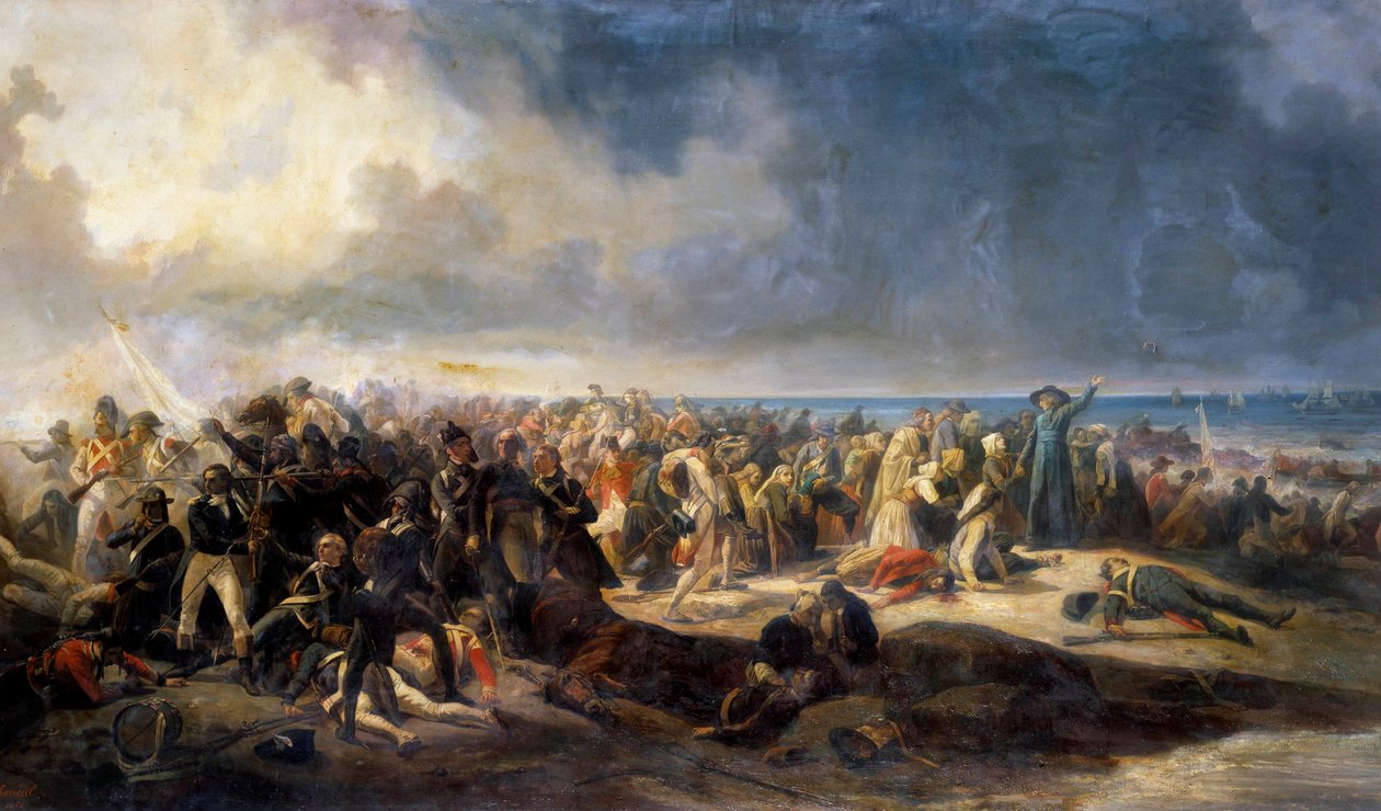 Vendeen sodat: "Quiberonin taistelu" Kenraali Lazare Hoche esti yritystä karkottaa chouaneihin liittyviä rojalistisia siirtolaisia 21.7.1795. Jean Soreuilin (1824-1871) maalaus 1850 Arras, Musee Des Beaux Arts tekijältä Jean Soreuil