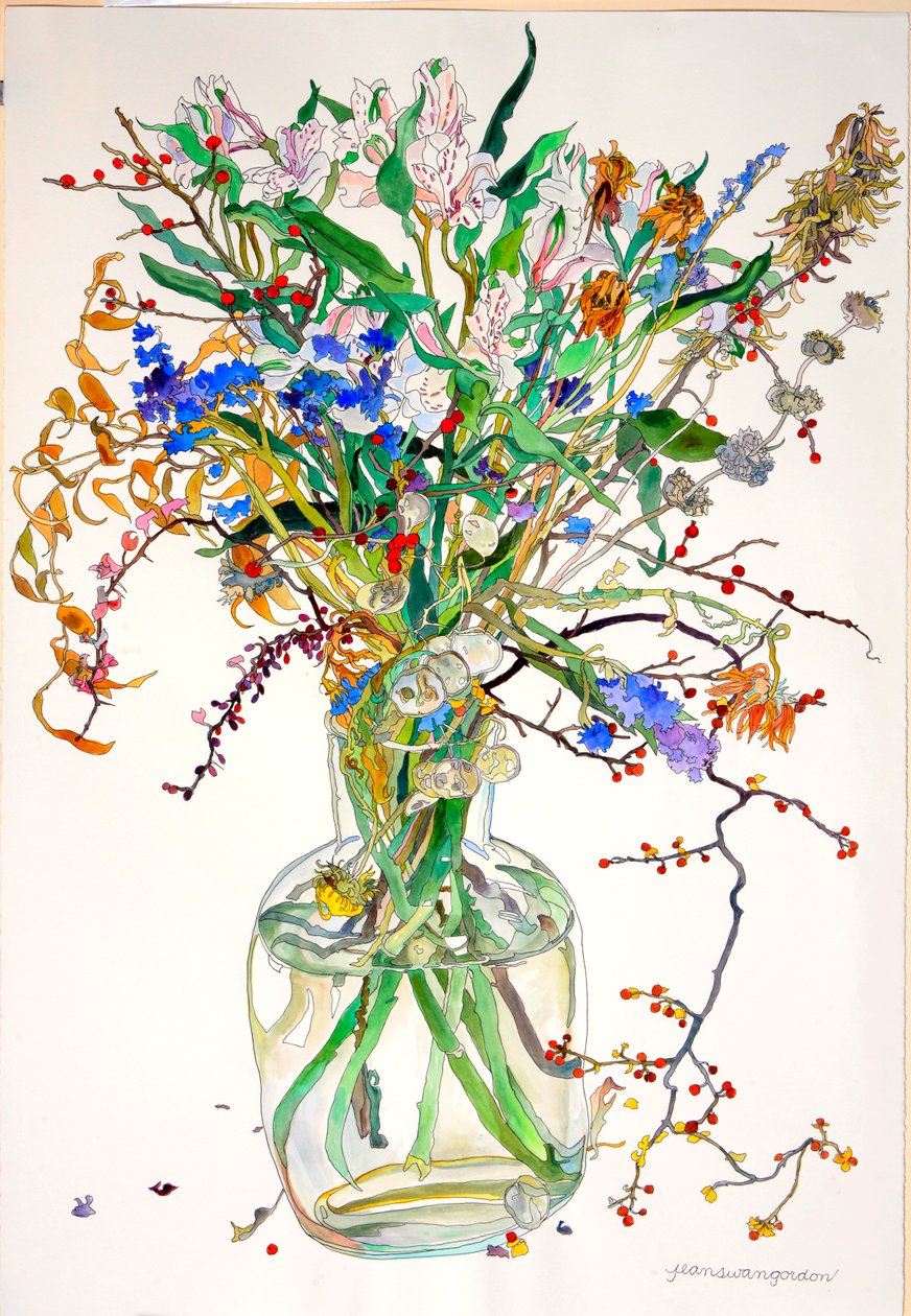 Alstroemeria, Statice, Rehellisyys Calendula, Kuivat lehdet, Marjat tekijältä Jean Swan Gordon