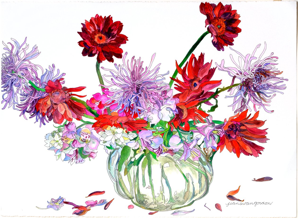 Gerbera daisies, Betlehemin tähti, hämähäkkikrysanteemit, Heisey-kannu, 2000 (vesiväri ja muste paperille). tekijältä Jean Swan Gordon