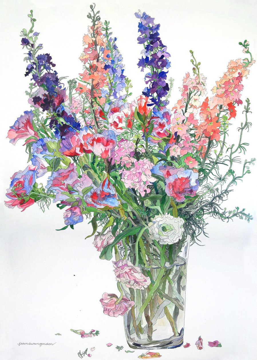 Ranunculus, Godetia, Delphiniums, 2000 (akvarelli ja muste paperille) tekijältä Jean Swan Gordon