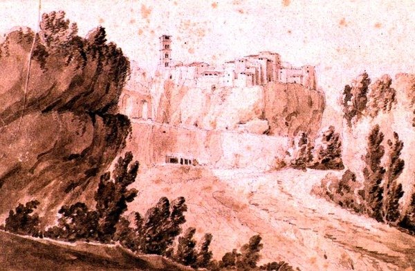Näkymä Braccianon kaupunkiin, n. 1810 (kynä ja seepiamuste ja pesu paperille) tekijältä Jean Thomas Thibault