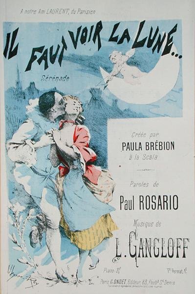La Scalassa Paula Brebionin laatiman, L. Gangloffin säveltämän ja Paul Rosarion tekstin säveltämän "Il Faut Voir la Lune" -elokuvan partituurin etukansi (värikaiverrus). tekijältä Jean Ulysse Roy