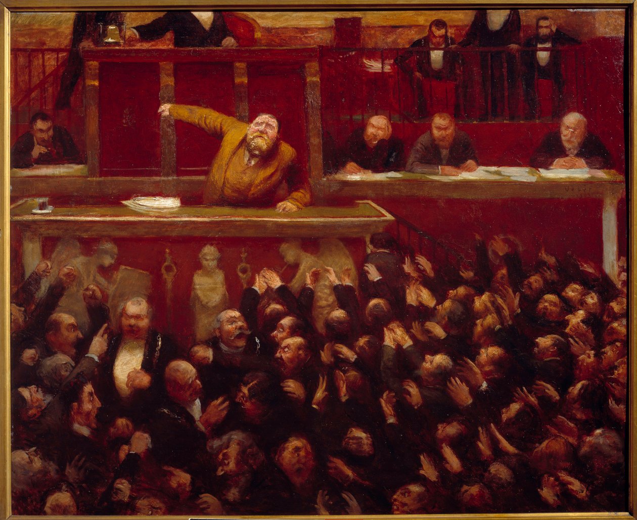 Sosialistinen kansanedustaja Jean Jaures (1859-1914) edustajainhuoneen tribüünillä Jean Veberin (1868-1928) maalaus 1903 Pariisi, Carnavalet-museo - Ranskan sosialistijohtaja Jean Jaures (1859-1914) puhumassa kamarissa kansanedustajista. Pa tekijältä Jean Veber