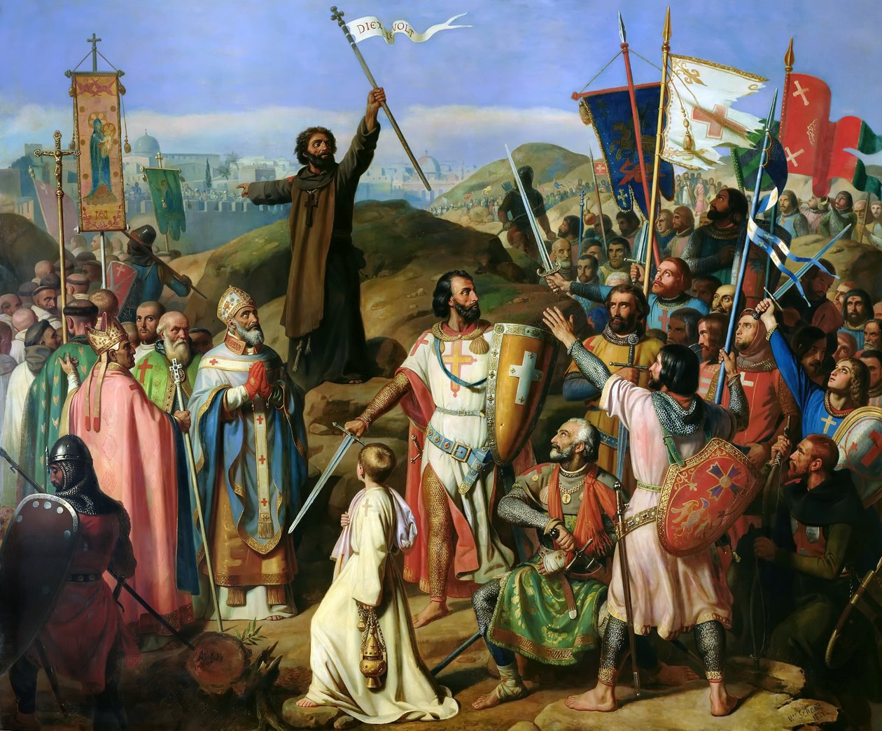 Ristiretkeläisten paljain jaloin kulkue Jerusalemin kaupungin muurien ympäri, 14. heinäkuuta 1099 tekijältä Jean Victor Schnetz