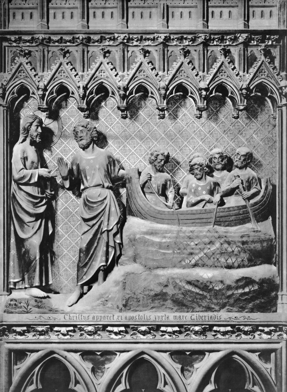 Tuomiokirkko, sisustus, kuorotaulu, Jeesus Kristus ilmestyy Tiberias-järvelle, kalojen ihmevesi, n. 1340-51 (monivärinen kivi) tekijältä Jean and Jean Le Boutellier Ravy