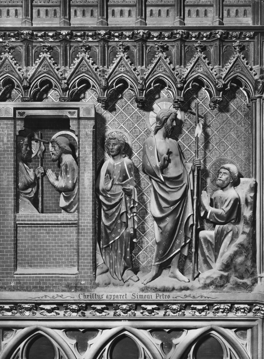 Katedraali, sisustus, kuorotaulu, Jeesus Kristus ilmestyy Pietarille, n. 1340-51 (monivärinen kivi) tekijältä Jean and Jean Le Boutellier Ravy