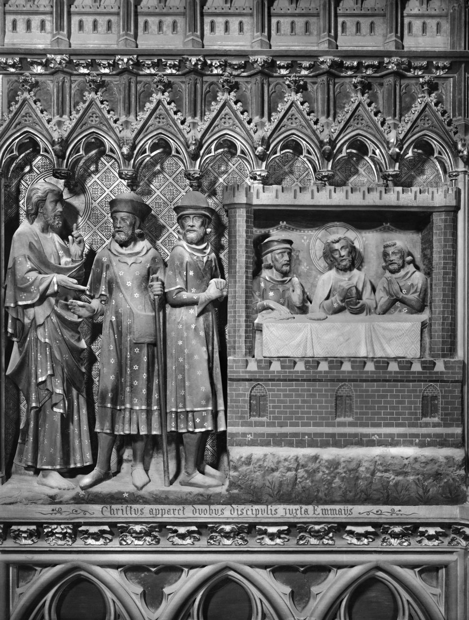 Katedraali, sisustus, kuorotaulu, Jeesus Kristus ilmestyy kahdelle opetuslapselle tiellä Emmaukseen, ehtoollinen Emmauksessa, n. 1340-51 (monivärinen kivi) tekijältä Jean and Jean Le Boutellier Ravy