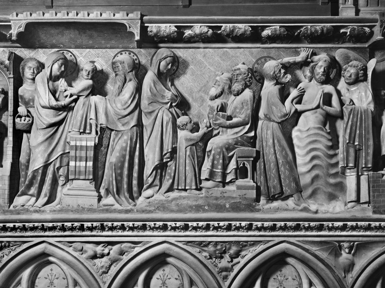 Katedraali, sisustus, kuorotaulu, Jeesuksen esitys temppelissä, Jeesus lääkäreiden joukossa, Kristuksen kaste, n. 1340-51 (monivärinen kivi) tekijältä Jean and Jean Le Boutellier Ravy