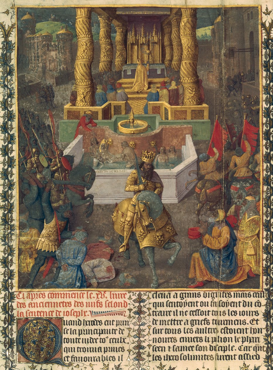 Ms NAF 21013, fol.1v Herodeksen suorittama Jerusalemin valloitus vuonna 36 eKr., kuvitus kirjasta 2 teoksesta "Antiquites Judaiques", noin 1470 (pergamentti). tekijältä Jean and Studio Fouquet