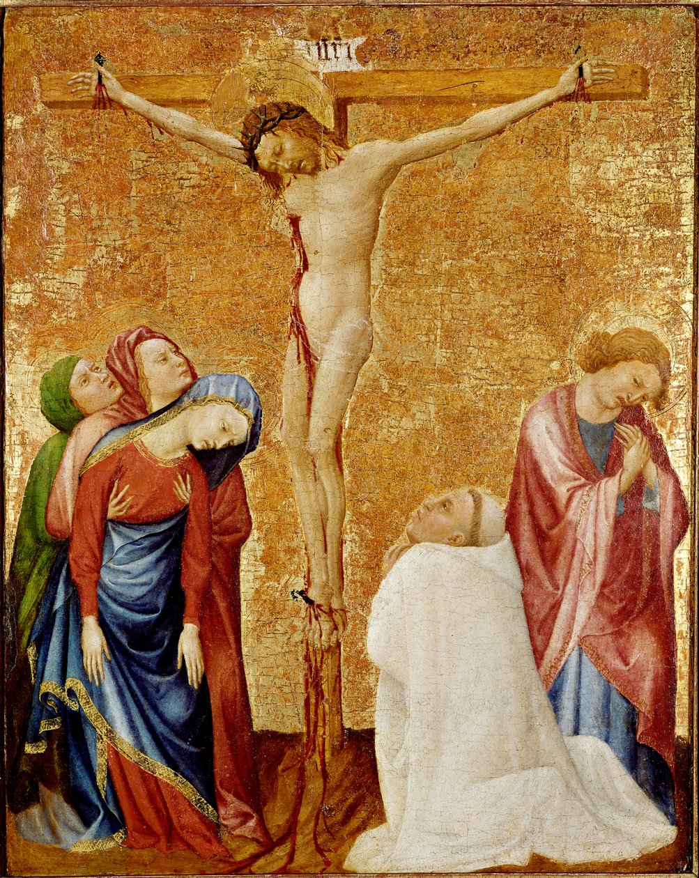 Golgata kartausialaiselle munkille. Kolme neitsyttä ja Pyhä Johannes ympäröivät ristiä. Karthusialainen munkki polvistuu Kristuksen juurelle. Jean de Beaumetzin (1361-1396) maalaus tekijältä Jean de Beaumetz