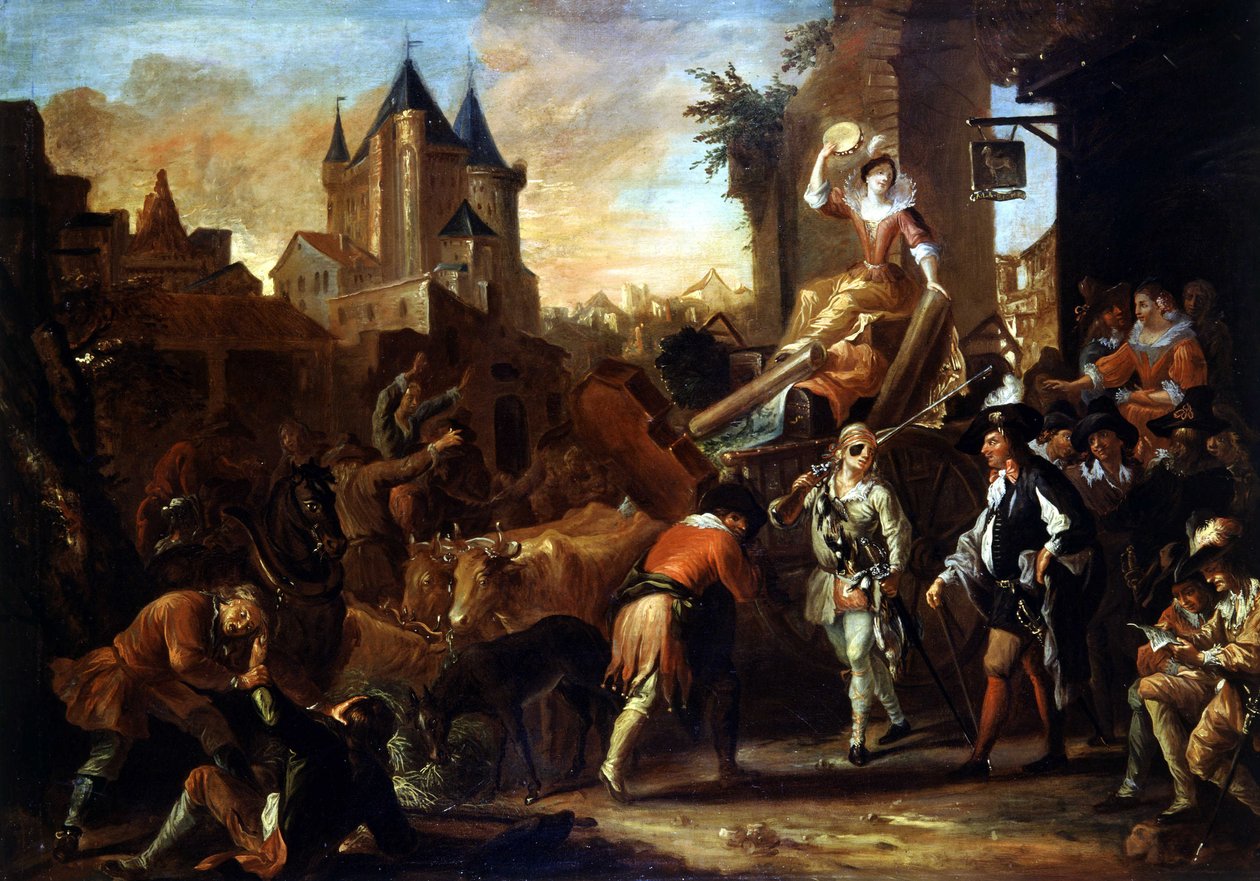 Koomikkojen saapuminen Le Mansin maalaukseen, joka havainnollistaa Paul Scarronin (1610-1660) "The Comic Roman" -kuvaa. Jean-Baptiste (Jean Baptiste) Coulomin (tai Coulonin) maalaus (n. 1695-1735) tekijältä Jean de Coulom
