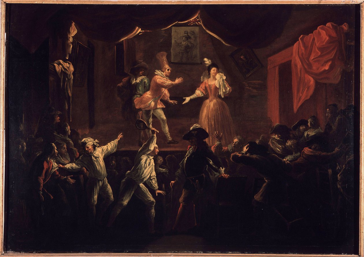 Tämän kappaleen valitettava menestys. Yksi kämmenpelaajista, jonka vaatteet olivat derobe, antaa ison mailan La Rapinierelle. Paul Scarronin (1610-1660) "The Comic Roman" -maalaus. Öljy kankaalle, kirjoittanut Jean-Baptiste (Jean Baptiste) Coulom (tai Co tekijältä Jean de Coulom