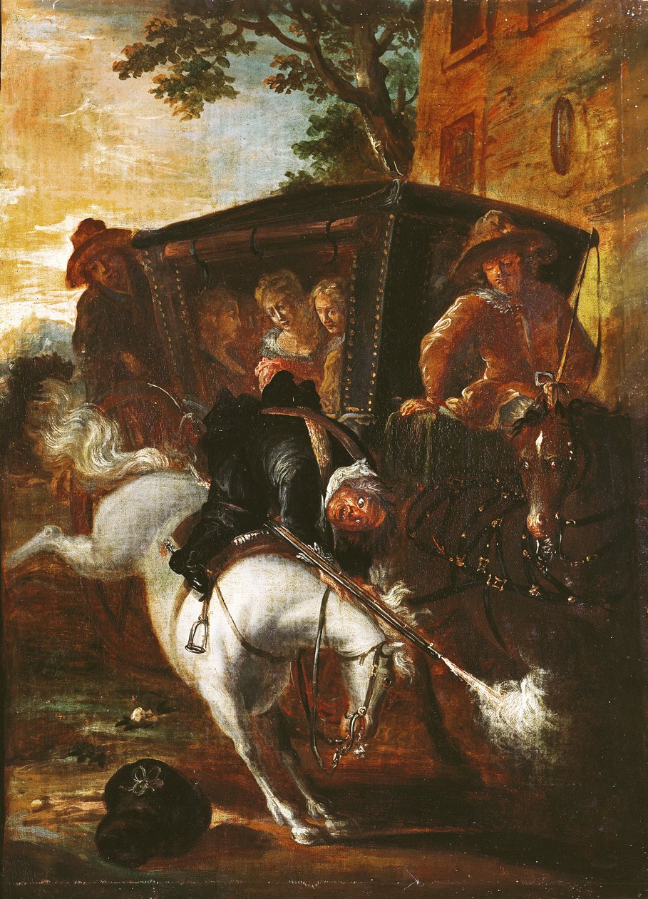 Musketti selässään Ragotin kiipeää hevosensa selkään seuraamaan seuruetta Paul Scarronin (1610-60) Roman Comiquesta 1712-16 tekijältä Jean de Coulom