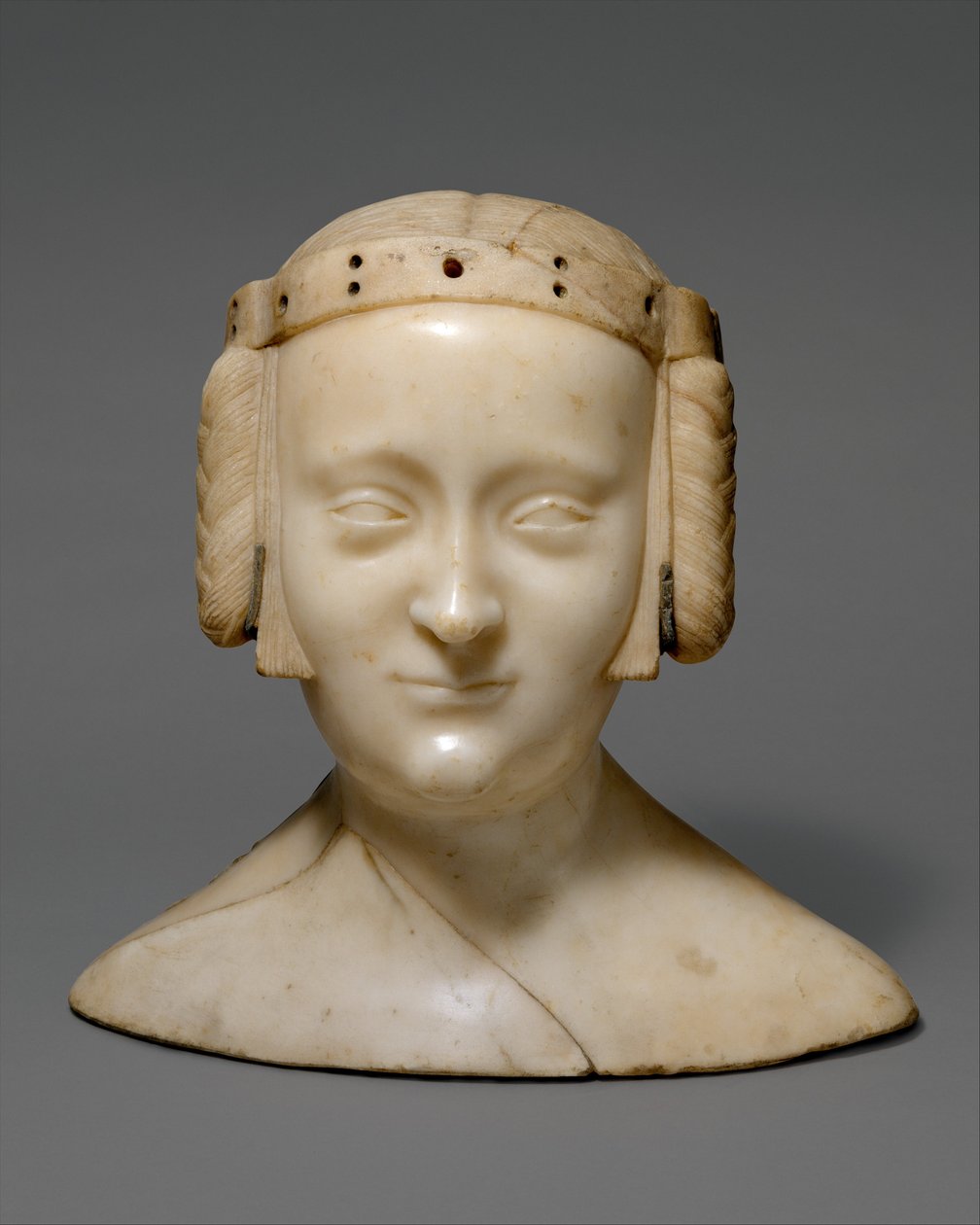 Marie de Francen hautakuva, rintakuva, n. 1381 (marmori lyijyuutetta) tekijältä Jean de Liege