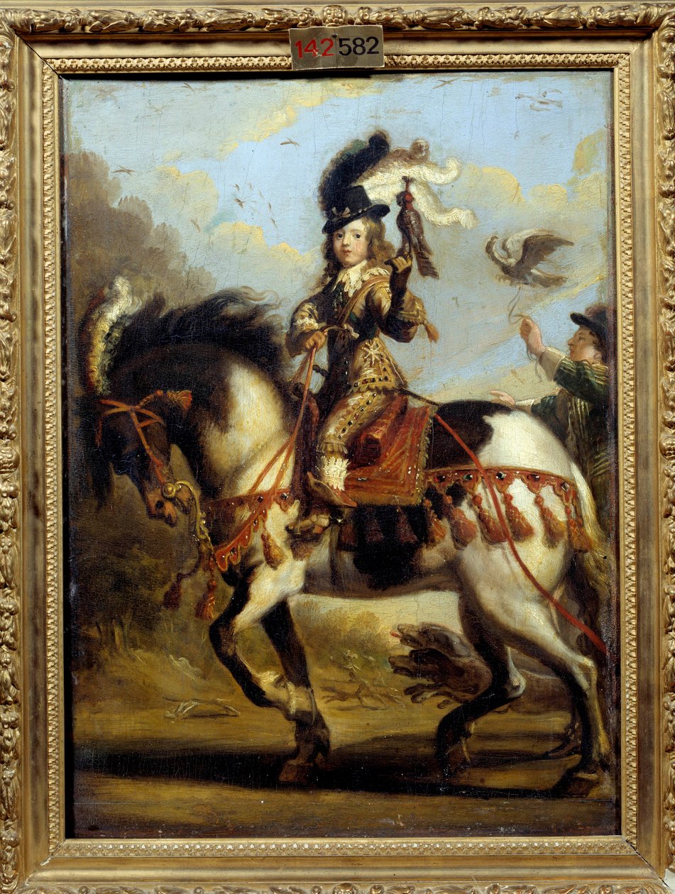 Ratsastusmuotokuva nuoresta Ludvig XIV:stä (1638 -1715), joka lähtee metsästämään. Jean De Saint Ignyn (? 1647) maalaus. Öljy kankaalle. Mitat: 0,41 x 0,30 m. Chantilly, Musee Conde tekijältä Jean de Saint Igny