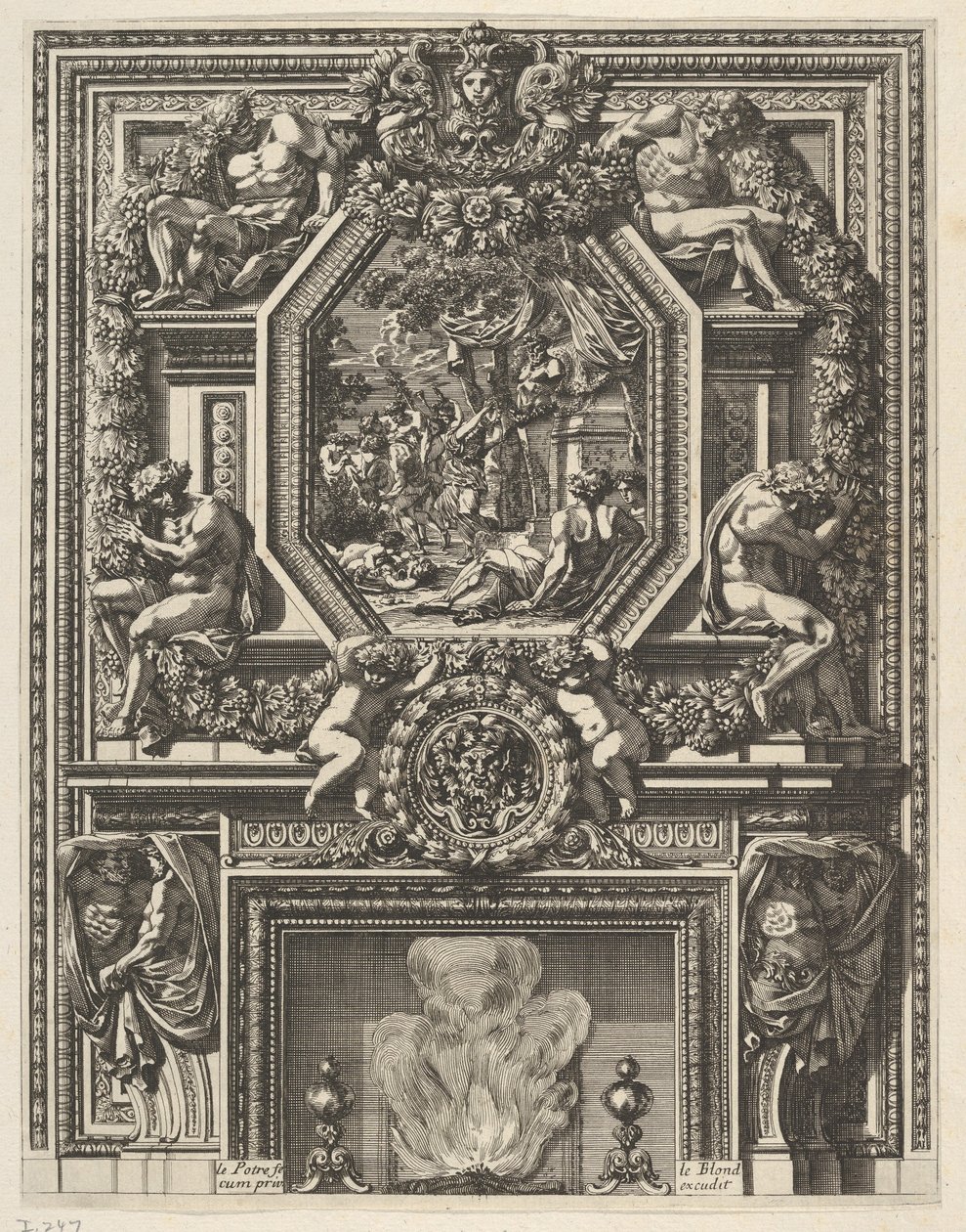 "Grandes Cheminée":n savupiippu, jossa on Bacchanal vaipan päällä. 1644-66. tekijältä Jean le Pautre