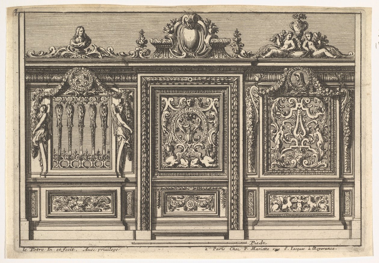 Suunnittelu kahdella eri versiolla varustettuun kuorotauluun: Clôtures de chapelles, 1600-luku. tekijältä Jean le Pautre