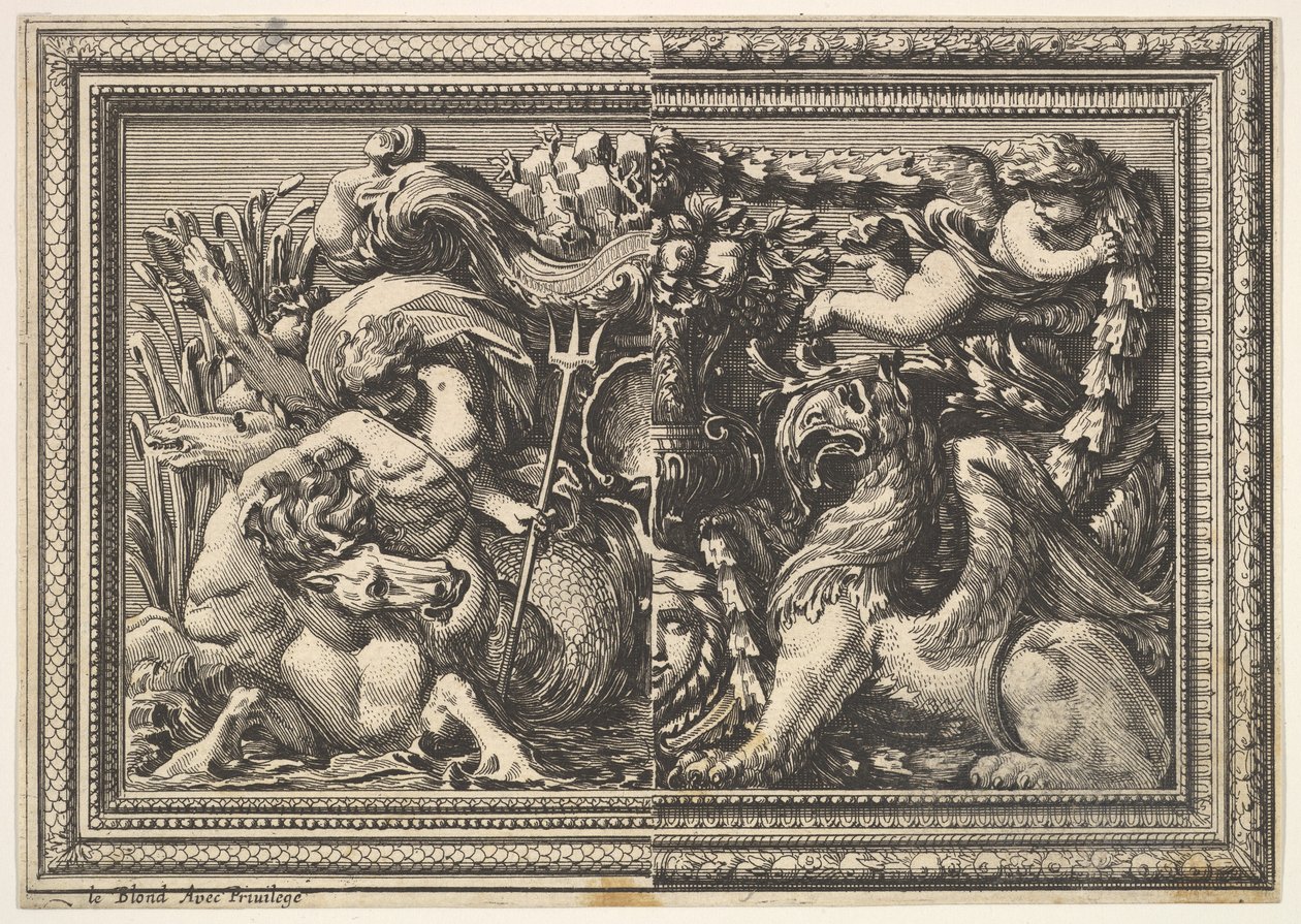 Suunnittelu paneelille, jossa on kaksi vaihtoehtoa, jotka sisältävät hippokampin ja griffinin, julkaisusta: Ornements..., 1651. tekijältä Jean le Pautre