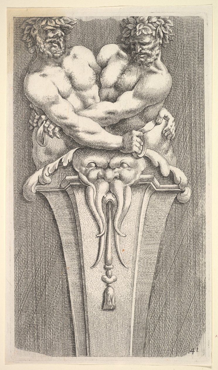 Suunnittelu termille, jossa on kaksi bakkifiguuria, julkaisu: Curieuses Recherches de Many Beaus..., 1645. tekijältä Jean le Pautre
